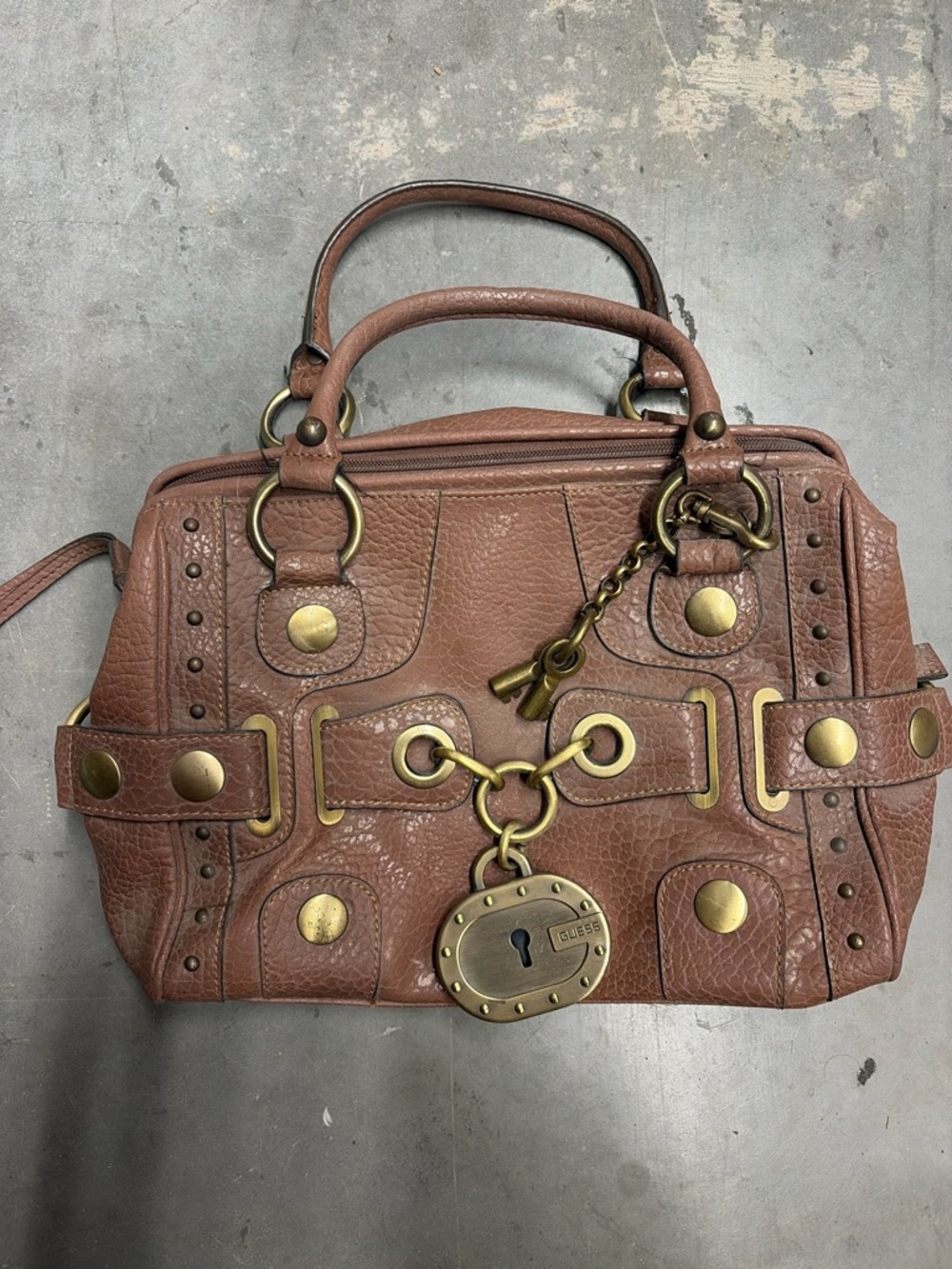 Vintage Y2K guess Leather Satchel with Brass Accents padlock paddington